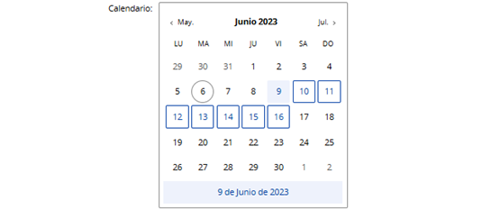 Ejemplo de campo calendario. Selección de mes, día de hoy, seleccionados, y seleccionables.