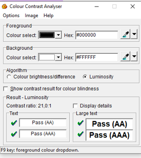 Pantalla de Colour Contrast Analyser para ingresar los códigos de los colores del texto y el fondo.