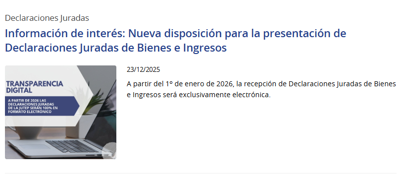 imagen de la comunicación sobre la recepción de las declaraciones juradas electronicas