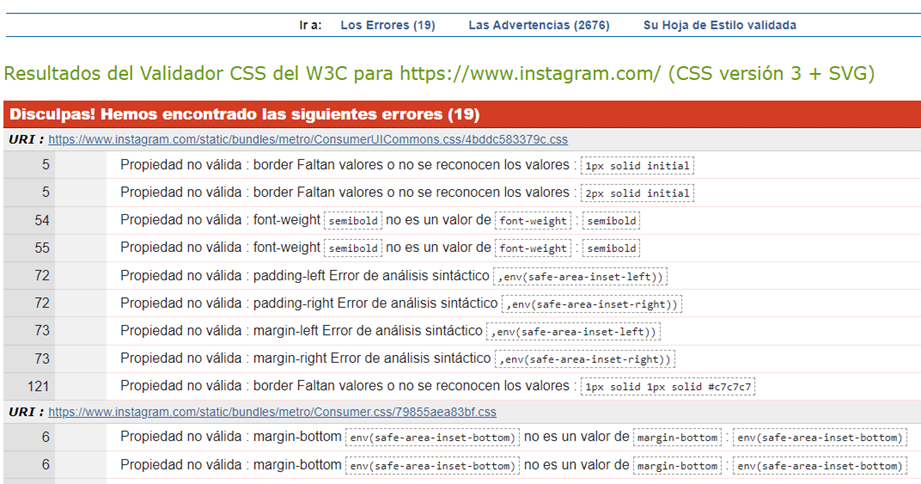 Resultado de evaluar CSS en la página instagram.com.