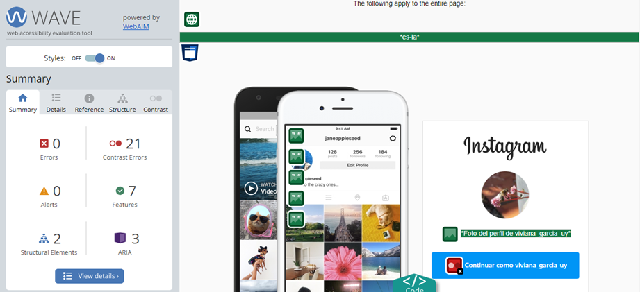 Resultado de evaluar la página instagram.com con la extensión WAVE para Chrome.