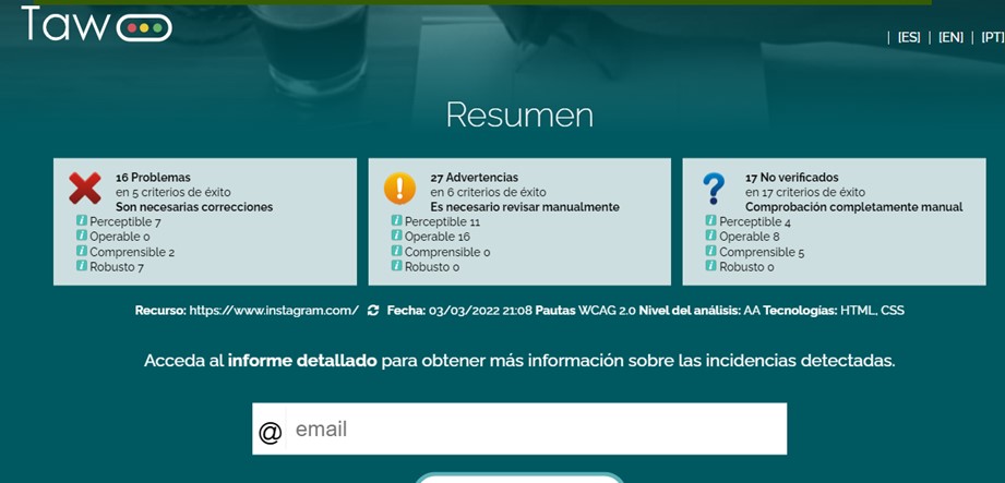 El resultado de la validación con TAW muestra un cuadro de resumen con la cantidad de problemas, advertencias y criterios que no se pudieron comprobar y los clasifica según el principio de accesibilidad que corresponde.