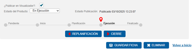 Ejemplo de pantalla en Siges donde se destaca el estado "En ejecución".