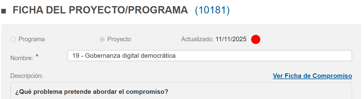 Ejemplo de pantalla en Siges con la ficha del proyecto destacada.