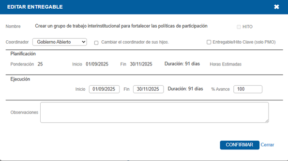 Ejemplo de pantalla para la edición de una meta.