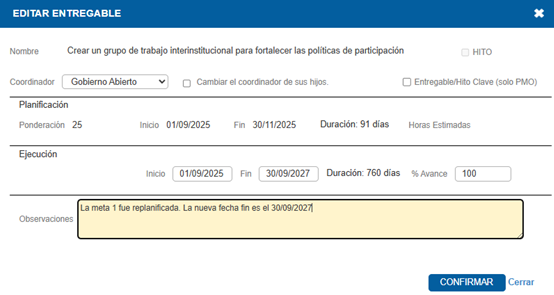 Ejemplo de pantalla con los datos que se deben ingresar en el campo Observaciones.