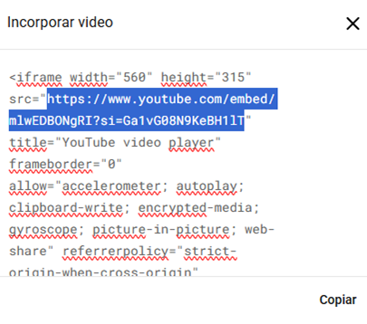 Ejemplo de pantalla de YouTube donde se resalta la url que se debe copiar.