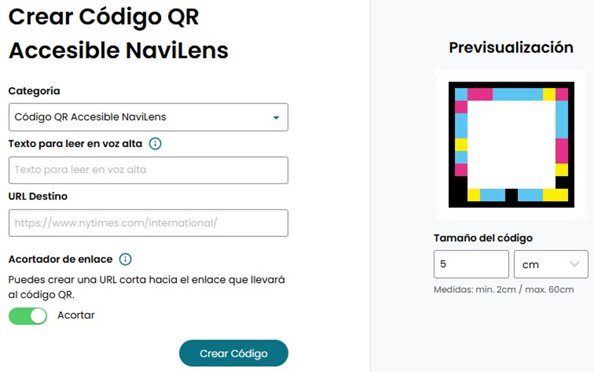 Pantalla de creación de código QR accesible NaviLens
