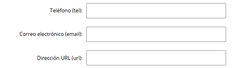 Ejemplo de campos de datos especiales. Teléfono, correo electrónico y dirección URL.