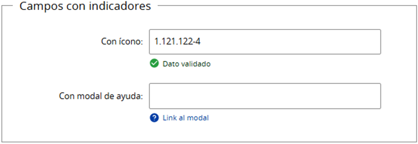 Ejemplos de campos con indicadores con dato validado y link al modal.