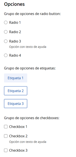 Ejemplos de campos seleccionadores en móvil; opciones de radiobutton, opciones de etiquetas, opciones de checkboxes y opciones con error.