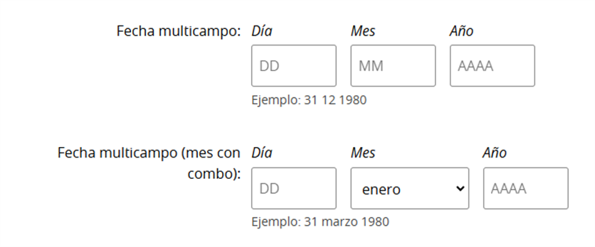 Ejemplo de selección de fecha con multicampos. Campos de día, mes y año, alineados horizontalmente
