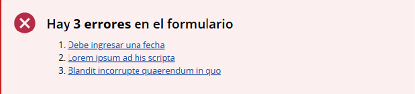 Ejemplo de cuadro de diálogo con listado con mensaje de error.