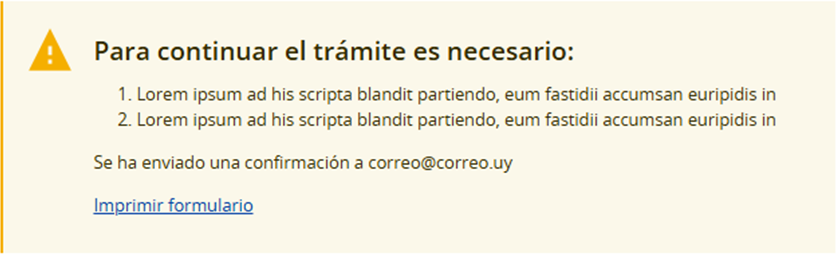 Ejemplo de cuadro de diálogo con listado con mensaje de advertencia y enlace.
