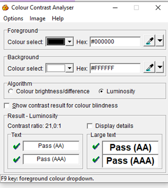 Interfaz de Colour Contrast Analyser