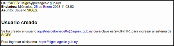 Ejemplo de correo de confirmación una vez creado el usuario en el sistema.