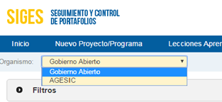 Pantalla de SIGES donde se muestra la ubicación del campo "Organismo" y se seleccion la opción "Gobierno Abierto".