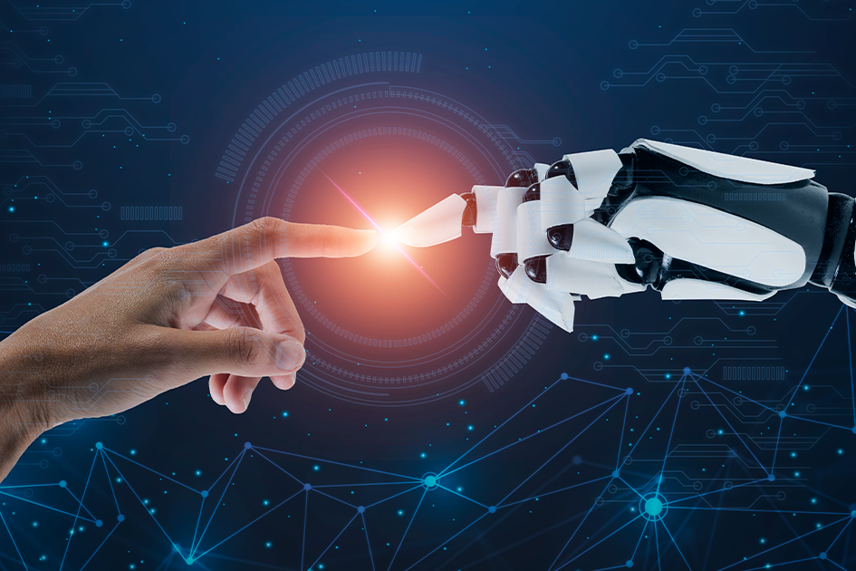 Mano de una persona conectándose con la mano de un robot. Mano de una persona conectándose con la mano de un robot.