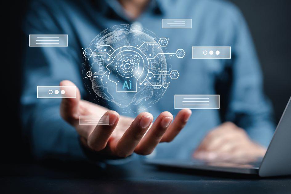 Observatorio de Inteligencia Artificial en el Estado Mano de una persona con fondo borroso sobre la que se proyectan gráficos de inteligencia artificial.