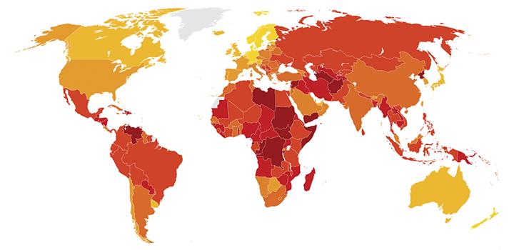 mapa del mundo con colores que representan el índice