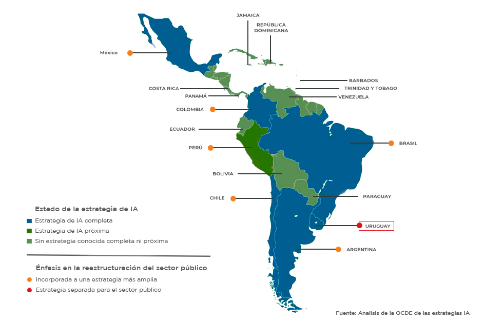Mapa de America del Sur y el Caribe que muestra el estado de las estrategias de IA de cada pais. Mapa de America del Sur y el Caribe que muestra el estado de las estrategias de IA de cada pais.