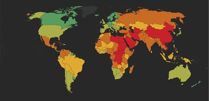 mapa del mundo con colores que representan el índice