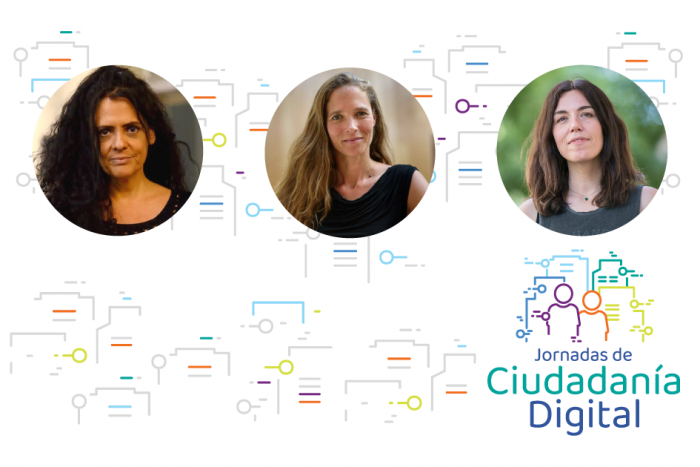 Paula Sibilia, Ellen Helsper y Marta Peirano, junto al logo de Jornadas de Ciudadanía Digital