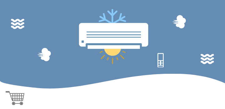 Ya se pueden adquirir equipos de aire acondicionado a través de la tienda virtual Imagen de aire acondicionado, viento, sol y copo de nieve con carrito de compras