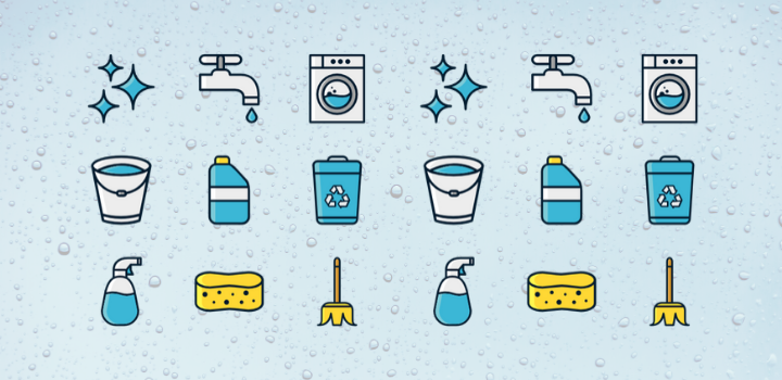 Iconos de limpieza: lavadora, escoba, papelera de residuos, canilla, etc.