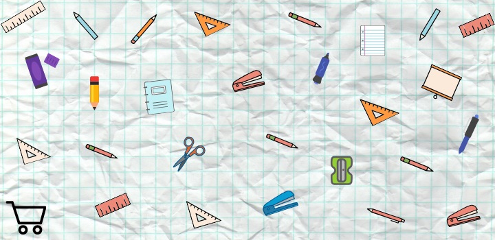 Imagen con distintos útiles escolares: lápiz, goma, regla, tijera, engrampadora, etc
