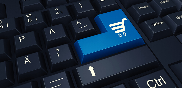 Mejor de productos en la Tienda Virtual Teclado negro de computadora, destacada en azul tecla enter con carrito de compras blanco.