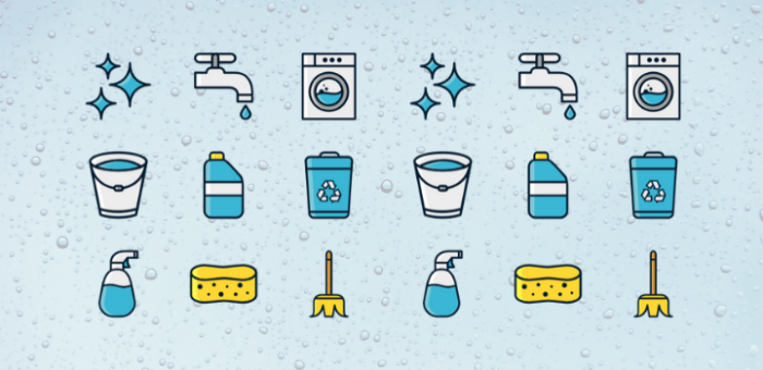 Iconos de limpieza: lavadora, escoba, papelera de residuos, canilla, etc.