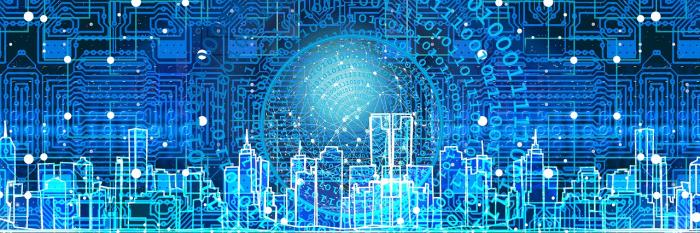 Datos abiertos de Compras Públicas Silueta de edificios, números y circuitos estableciendo conexión