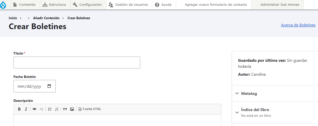 En ángulo superior derecho figura el link a la ayuda contextual de un tipo de contenido. En este caso: Acerca de boletines. 