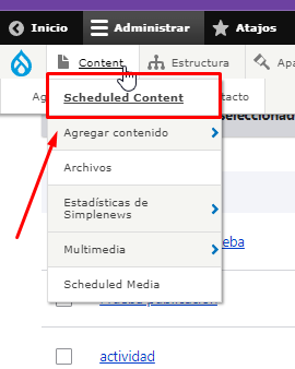 Visualización de la pestaña Contenido / Planificación