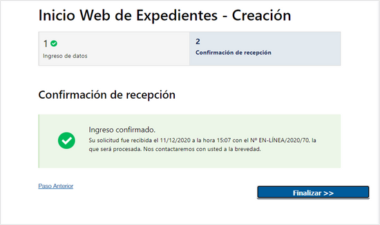 Pantalla donde se confirma la creación del expediente web