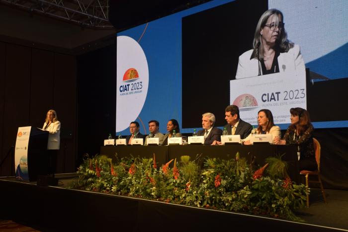 Margarita Faral disertando en la Asamblea CIAT 2023, Mario Verdi y otros integrantes del CIAT