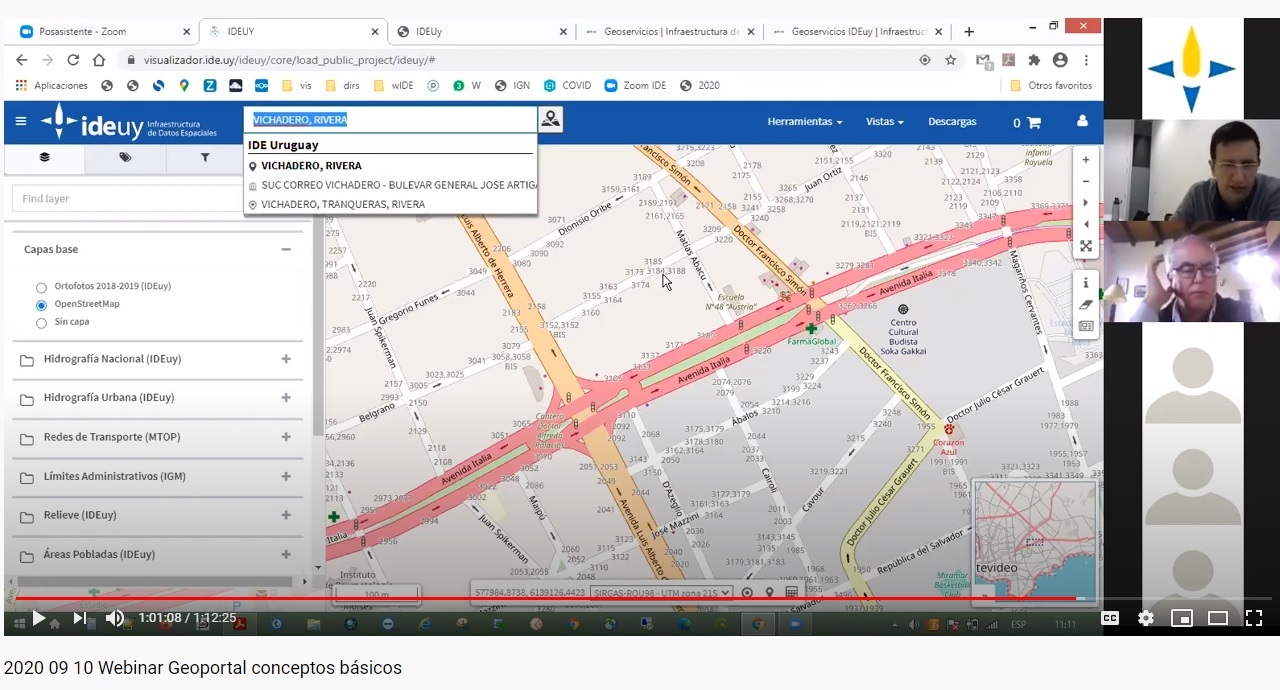 Charla con estudiantes e interesados en la temática setiembre 2020 visualizador imagen de servicio de direcciones y a la derecha participantes de la actividad