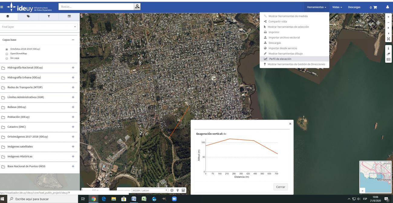 Visualizador de IDEuy, herramienta para calcular perfil de elevación. Zona Cerro de Montevideo. Visualizador IDEuy herramienta para calcular perfil de elevación, se observa zona del Cerro de Montevideo
