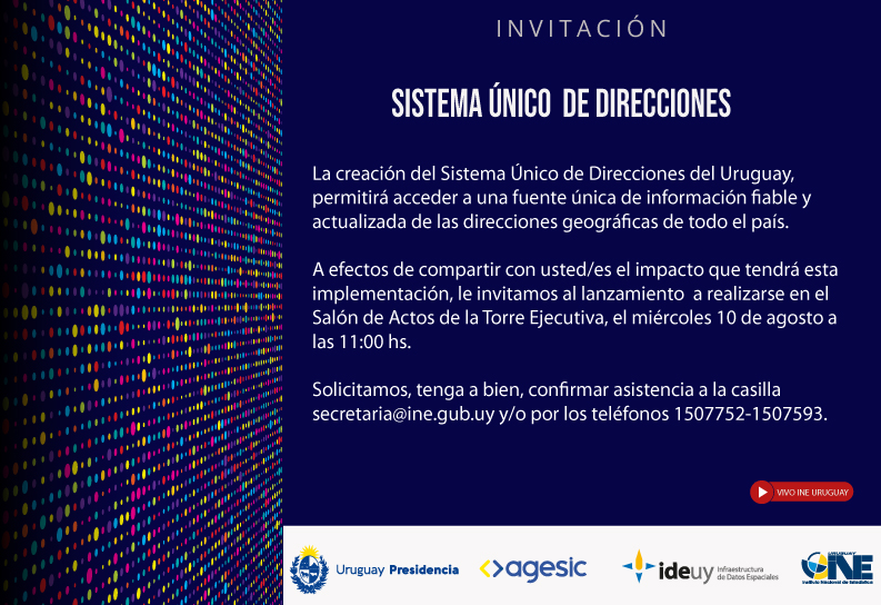 Sistema Único de Direcciones, invitación digital fondo azul y a la izquierda varios cuadraditos que simulan movimiento al centro que se une con fondo azul. Texto es resumen del expresado en descripción.