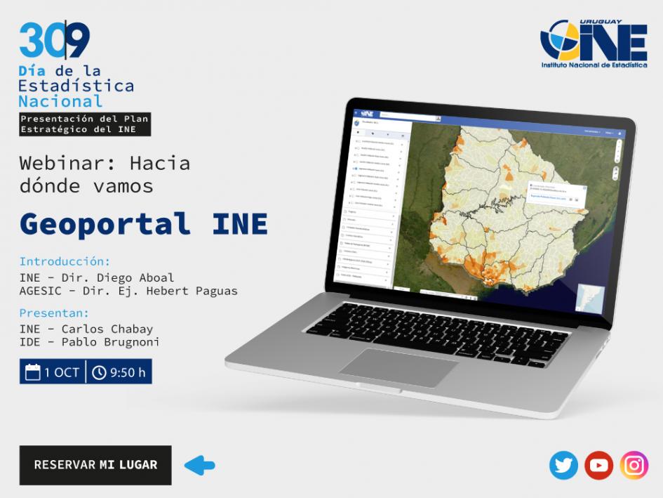 Afiche geoportal INE, muestra computadora con mapa alusivo al geoportal. 