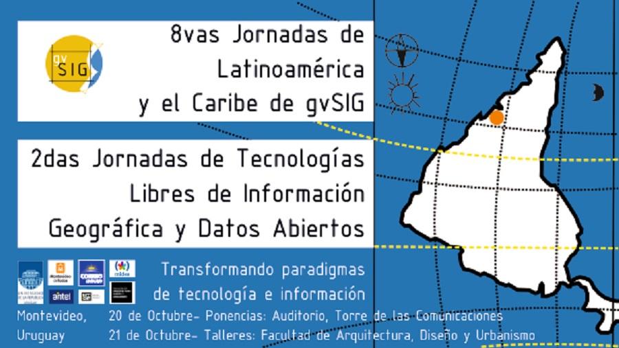 Afiche 8vas jornadas gvsig bajo el lema "Transformando paradigmas de tecnología e información".