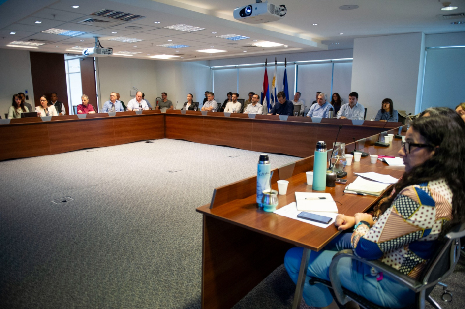 Mesa en U con asistentes en discusión profesional; banderas y proyectores en sala iluminada.