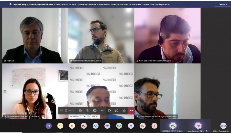 Intercambio virtual sobre la gestión de direcciones geográficas. Pantalla con reunión virtual con visualización de seis participantes de distintos países.