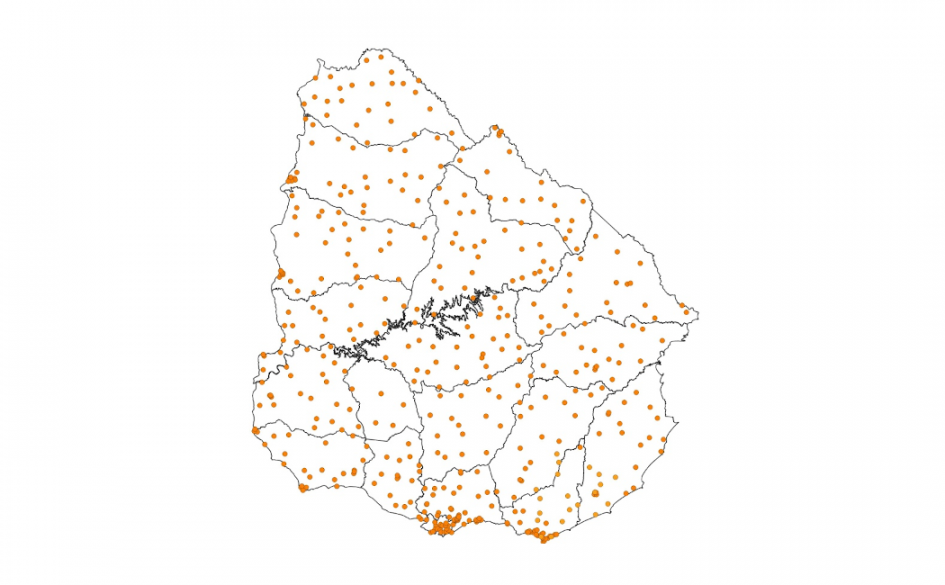 Mapa Uruguay puntos de control mapa Uruguay con puntos en color naranja que señala los puntos de control
