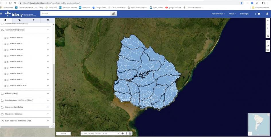 Cuencas hidrográficas mapa de Uruguay visto desde el visualizador de IDEuy