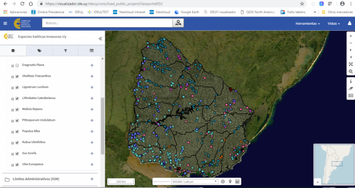 Vista del geoportal, se observa mapa con puntos marcando las especies exóticas invasoras prioritaria