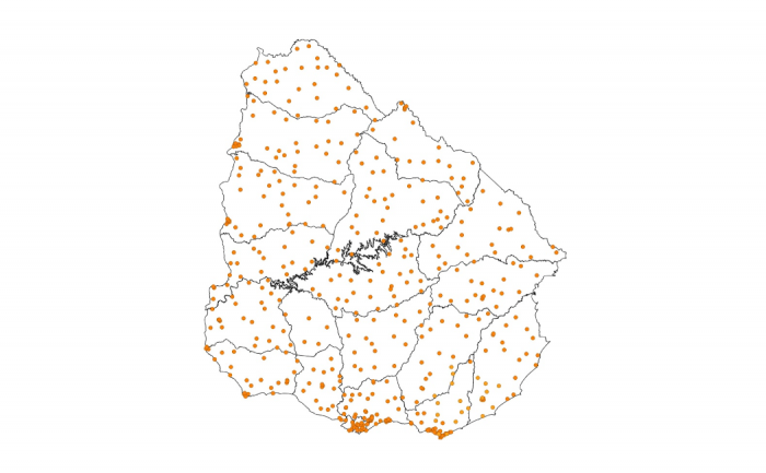 mapa Uruguay con puntos en color naranja que señala los puntos de control