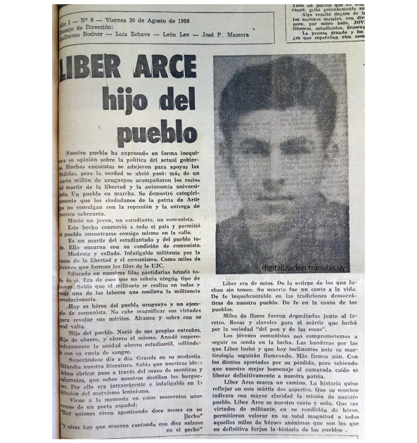 Espacio de Memoria Líber Arce Diario "El Popular", del 30 de agosto de 1968 anunciando el asesinato del estudiante Líber Arce.