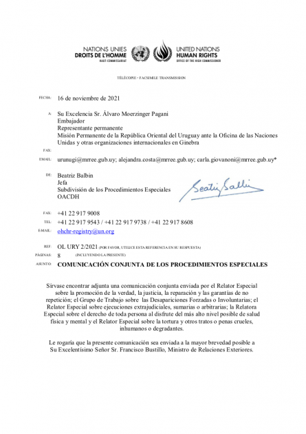 Carta enviada por los cinco relatores especiales de Naciones Unidas al gobierno de Uruguay